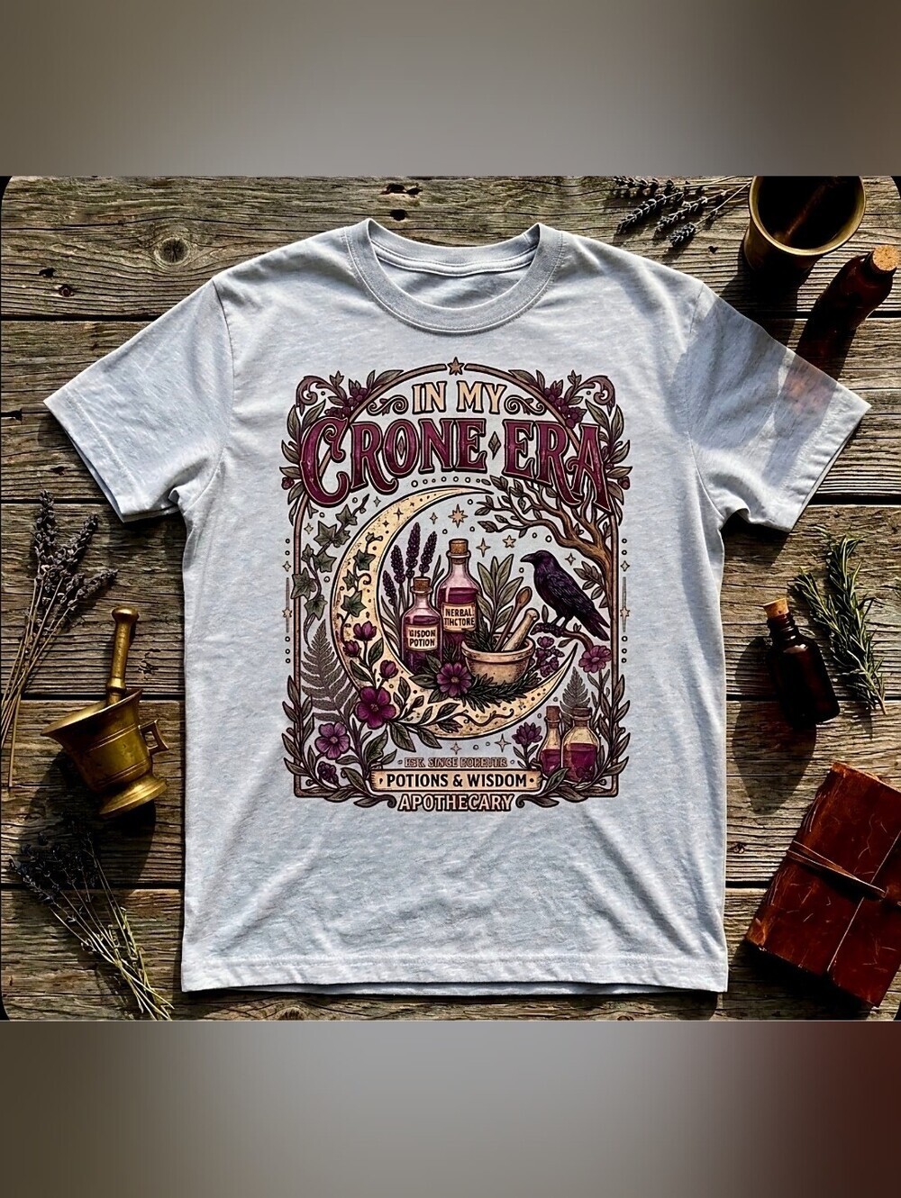 Crone Era Apothecary Tee | Witchy Herbal Tincture Shirt | Crow Potion Vintage